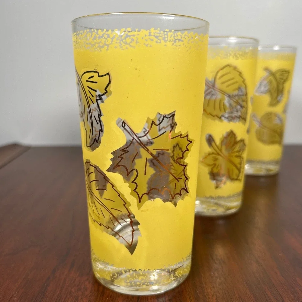 Libbey Glasses Yellow Frosted Highball Copper Leaf MCM Retro Barware THREE 1950s